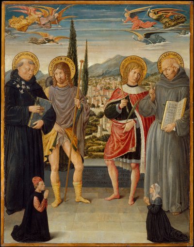 Saints Nicolas de Tolentino, Roch, Sébastien et Bernardin de Sienne, avec donateur agenouillé - Benozzo di Lese di Sandro Gozzoli